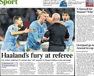 Sports page reporting a disputed refereeing decision