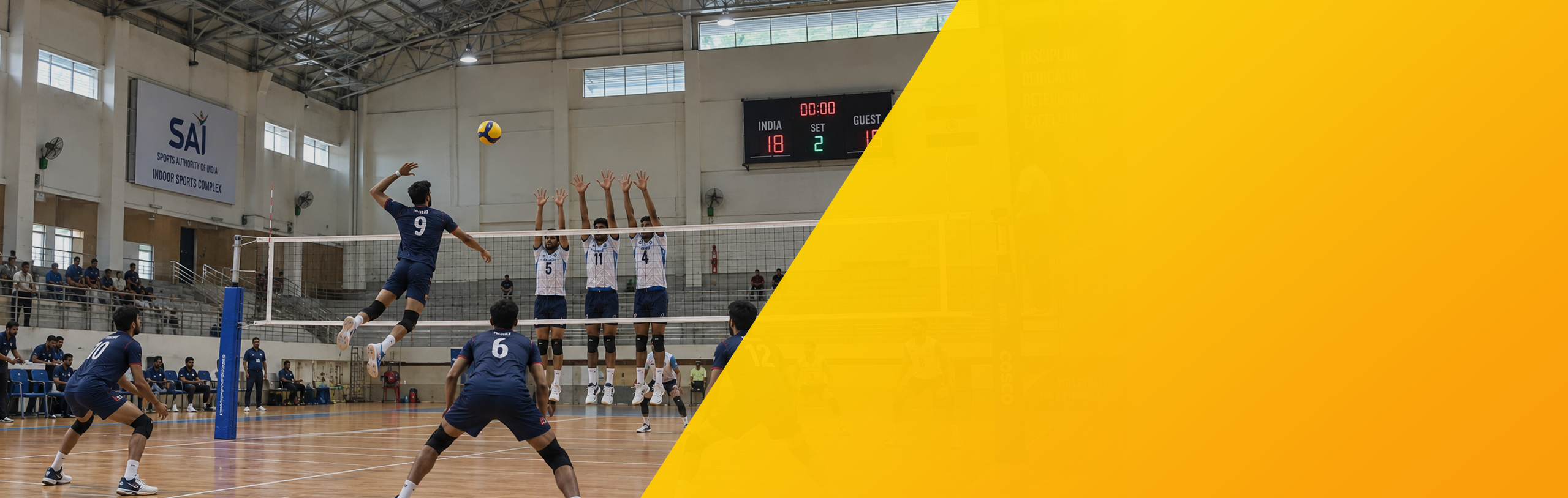 Volleyball match at an indoor stadium: a spiker attacks over a three-player block